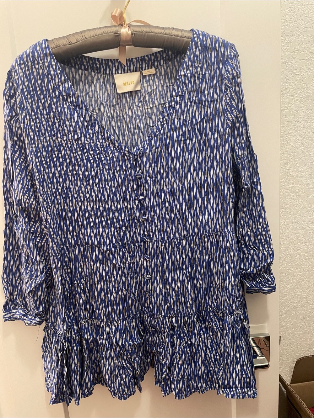 Anthropologie Maeve Blue Printed Bohemian V-Neck Button-Front Tiered Blouse